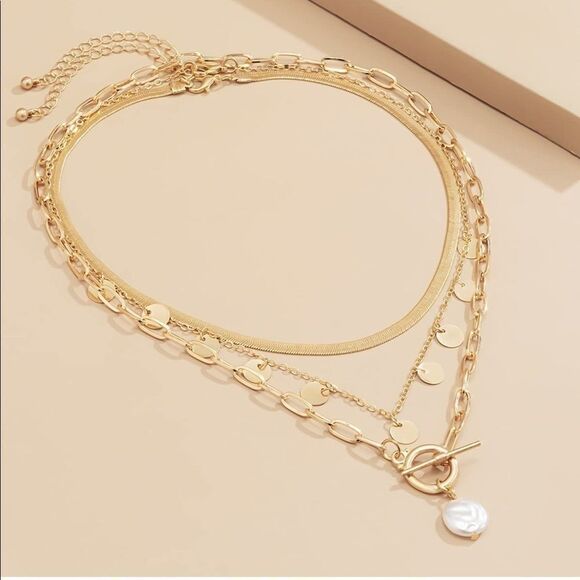 Gold Multi Layered Dainty Necklace Multi Chain Disc Necklace - Picture 4 of 8